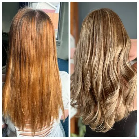 Before and after: long coppery hair gone brassy, then the same hair blended into soft blonde waves
