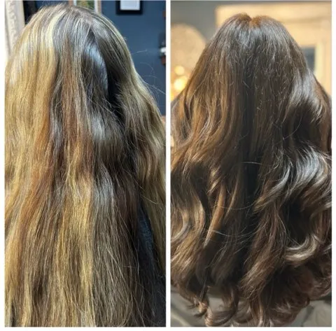 Before and after: faded lengths with brassy patches, then one deep glossy brunette in loose waves